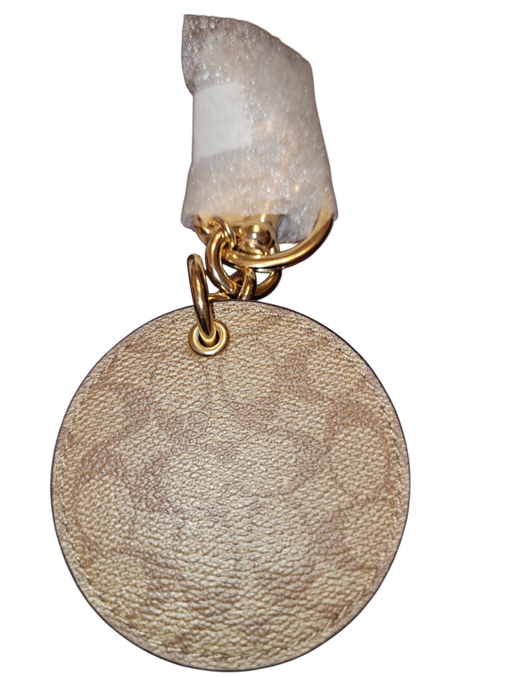 Coach Beige Tan Round Leather Keychain with Gold Hardware